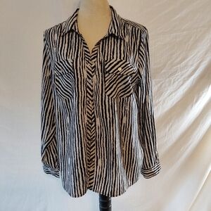 Kim Rogers Women’s Animal Print Long Roll Tab Sleeve Button Front Top Size L